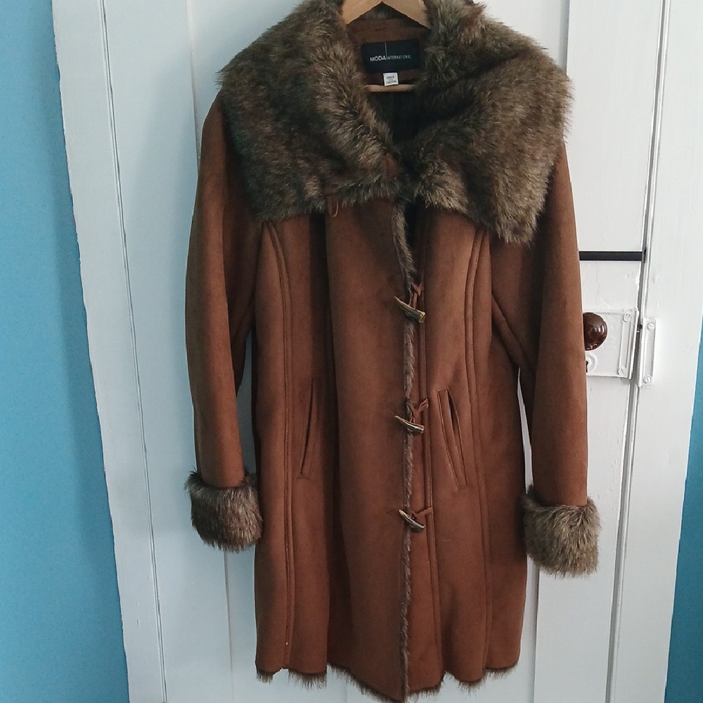 Brown Faux shearling coat with faux fur trim